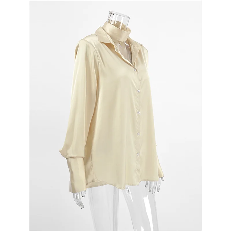 A83F-Satin soie chemises boutonnées pour femmes chemises habillées chemisiers à manches longues chemises pour femmes Champagne M