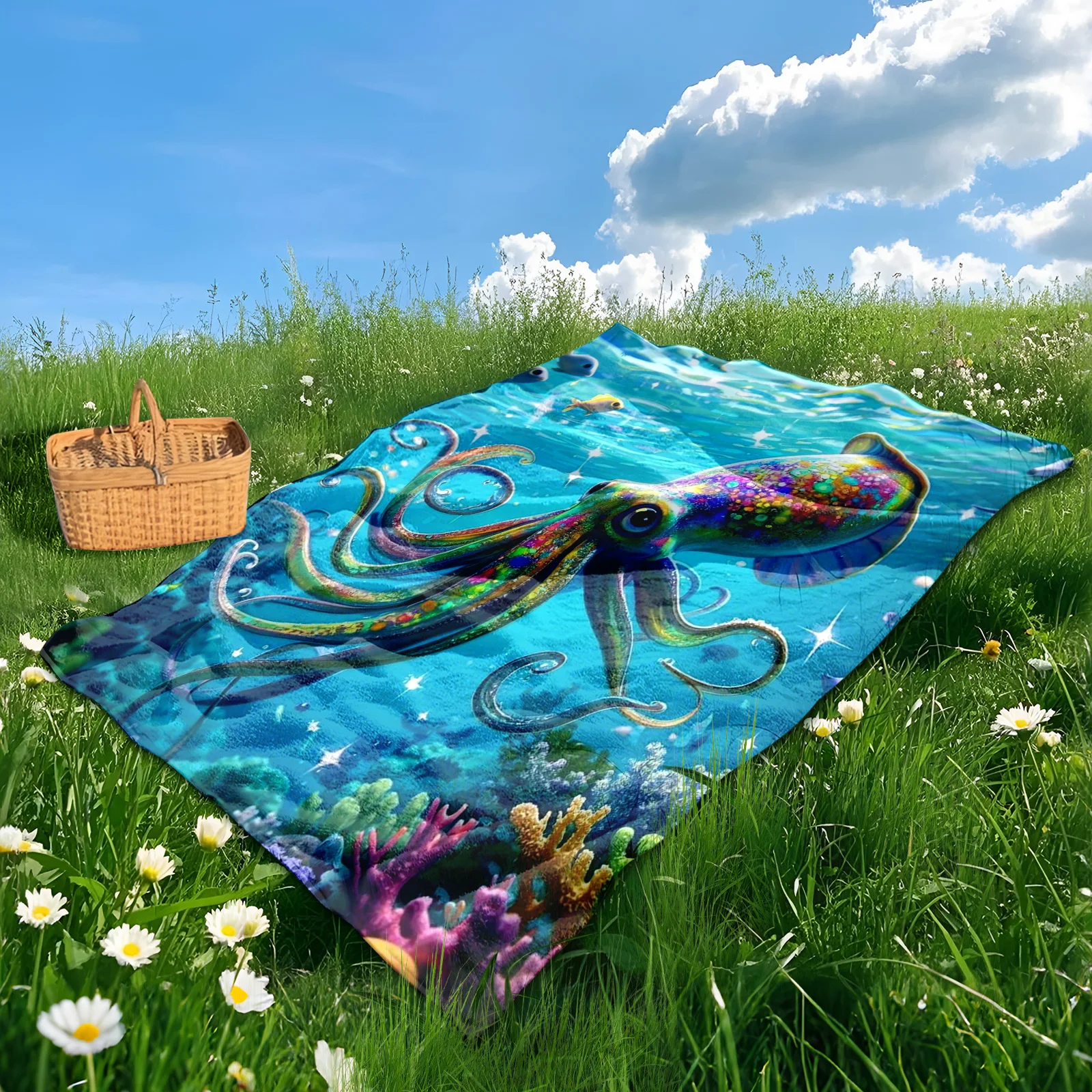 Fantasy Multicolor Squid Blanket With Underwater Blue Design For Whimsical Outdoor Adventures And Enchanted Camping By The Sea