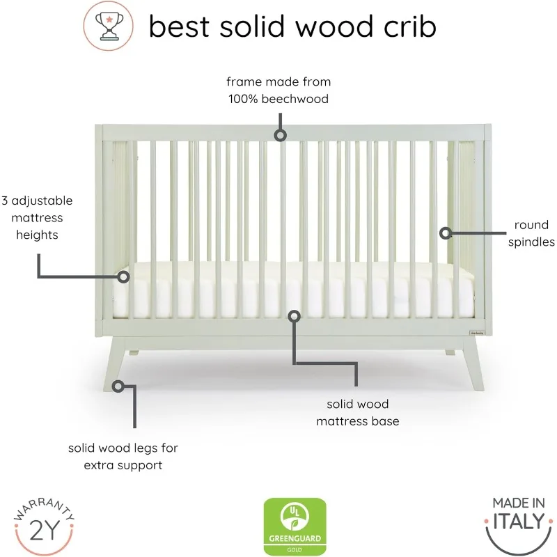 dadada Baby Soho 3-in-1 Convertible Crib to Toddler Bed – Wooden Crib Made in Italy, GREENGUARD Gold Certified Small Baby Crib