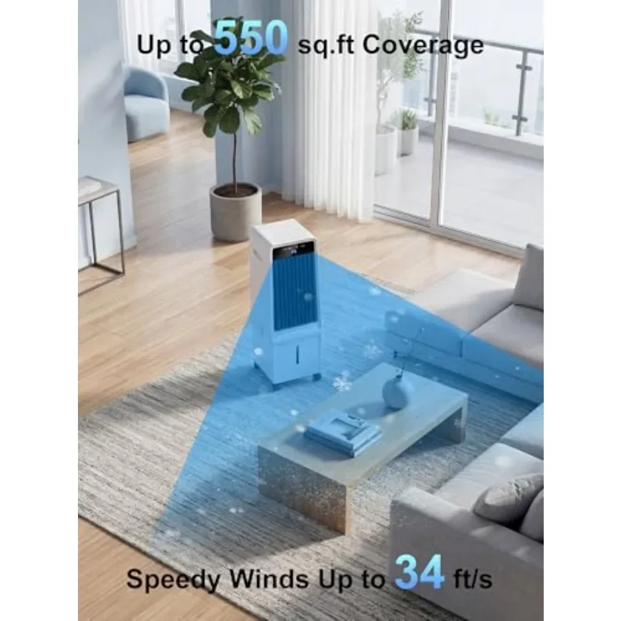 Bedroom indoor air conditioner: evaporative cooler, plastic housing, white, 1800CFM airflow, 4-gallon tank, 3-speed fan, 12H ti