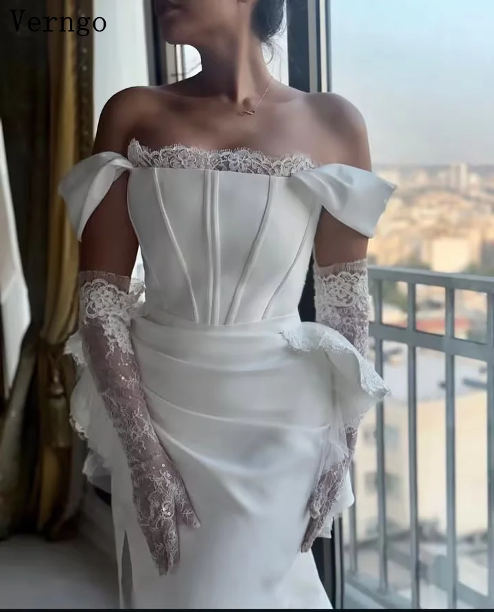 فستان زفاف Verngo lvory من الساتان قبالة الكتف حورية البحر مطوي فساتين العروس القوس الأميرة زي العرائس حسب الطلب