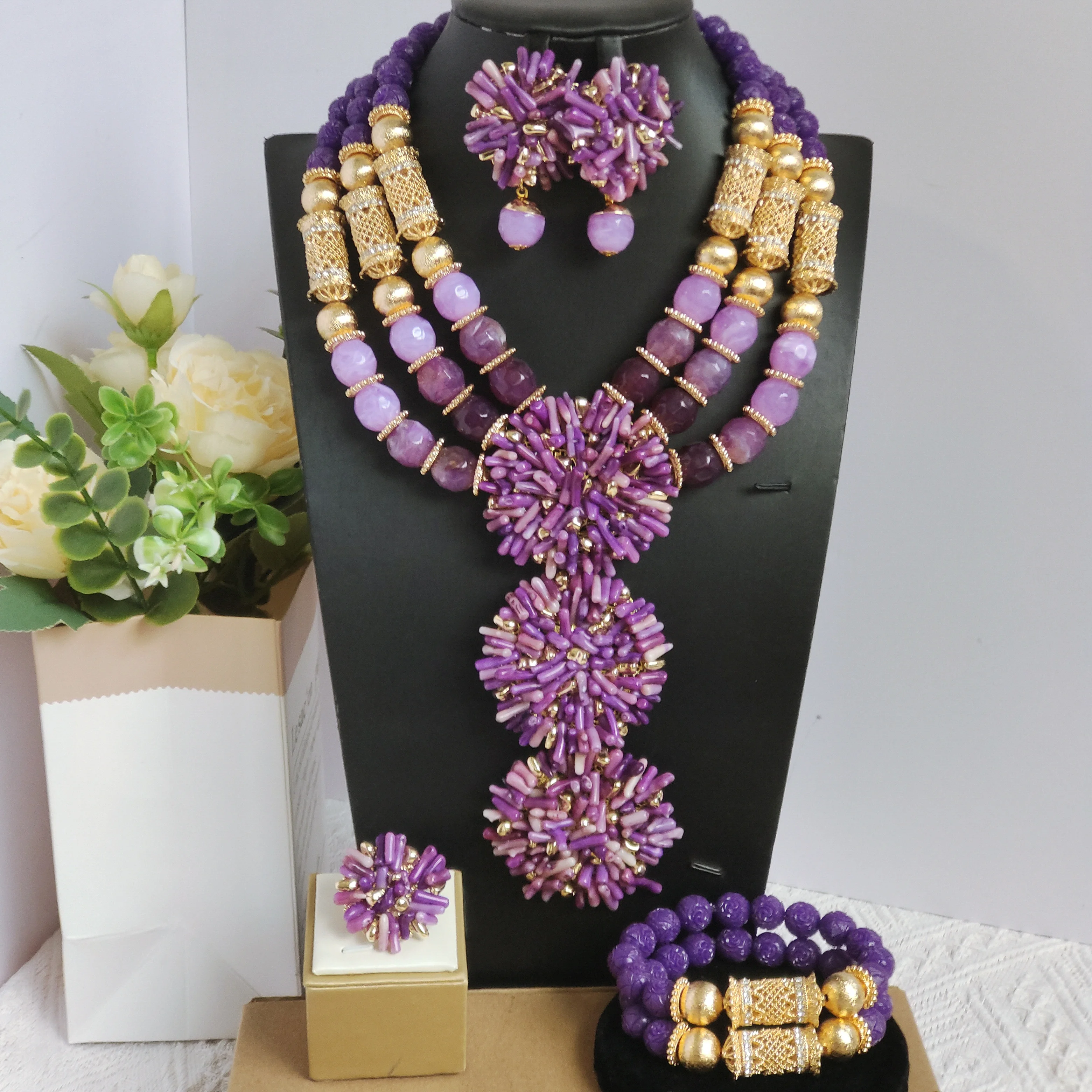 

Laanc purple nigerian coral bead african jewelry set for woman