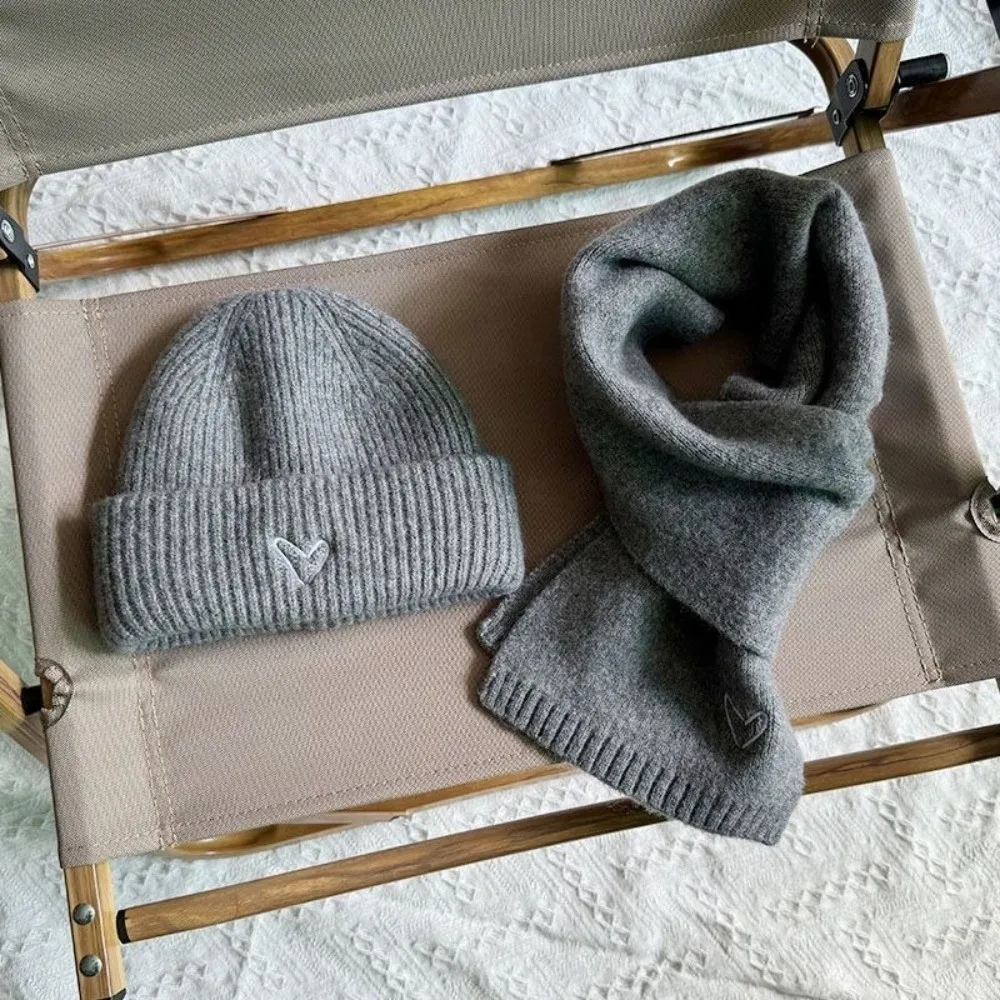 Amor coração bordado chapéu de malha cachecol conjunto engrossado estilo coreano crochê quente gorro quente à prova vento inverno pulôver boné