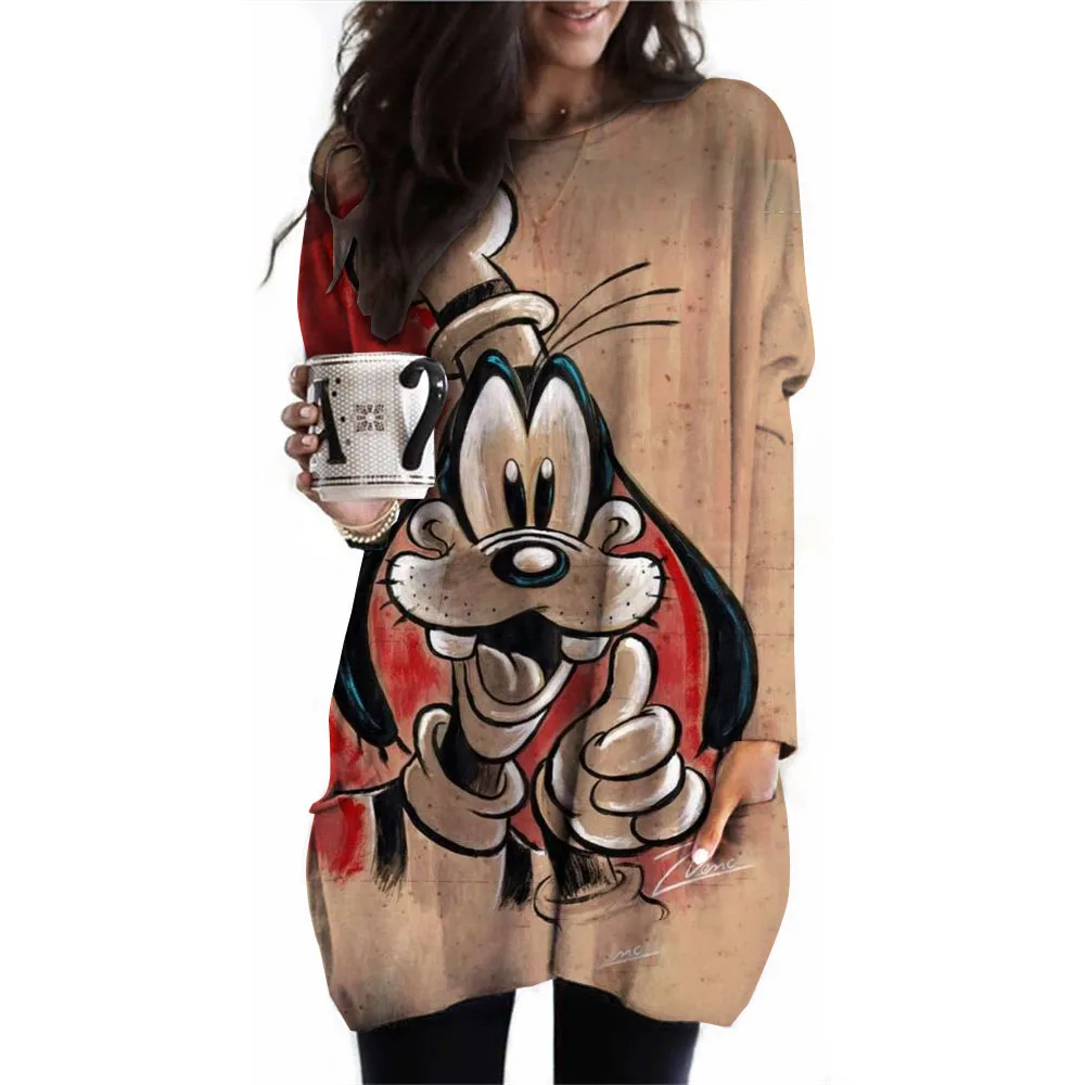 Women's long top early autumn pullover casual fashion Disney Goofy printed waistband top with pockets women's shirt