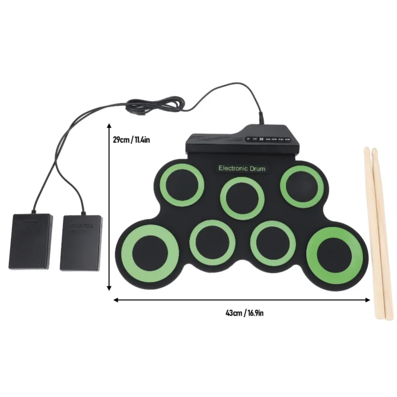 وسادة الطبل الإلكترونية مع 7 وسادات للتدريب، مقبس سماعة الرأس، طبلة قابلة للطي من السيليكون مع دواسة