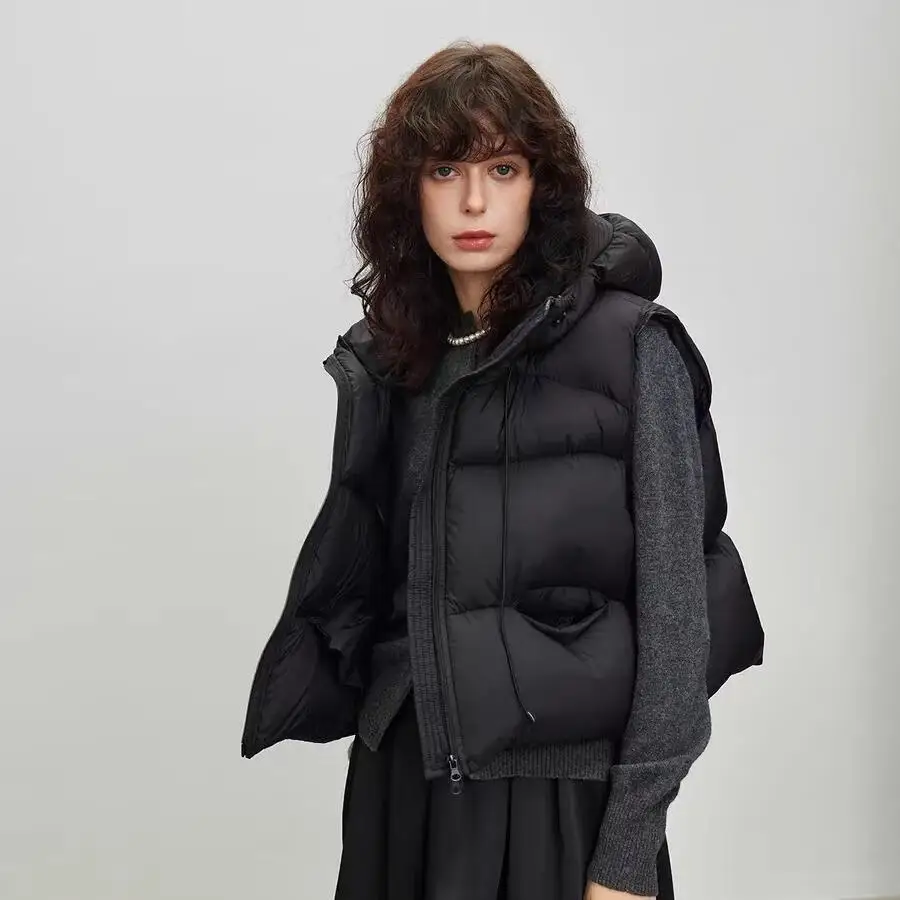 Damska kamizelka z kapturem, ocieplana, nowa kolekcja jesień-zima 2025, koreański styl, modna, luźna, ciepła krótka kurtka.