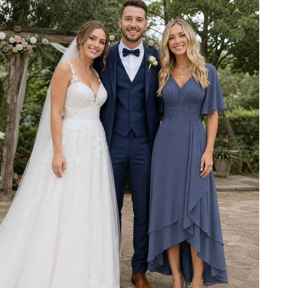 Szyfonowa sukienka dla mamy panny młodej, damska, do kolan, z koronkowymi aplikacjami, elegancka sukienka dla gościa weselnego z krótkim rękawem, Vestidos