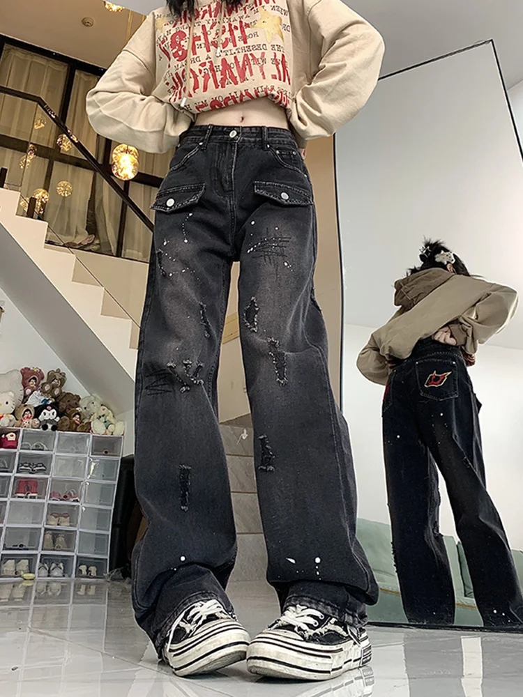 

WCFCX STUDIO Women 2023 Fashion High Waisted Wide Leg Pants Casual Vintage Loose Straight Denim Pants Streetwear