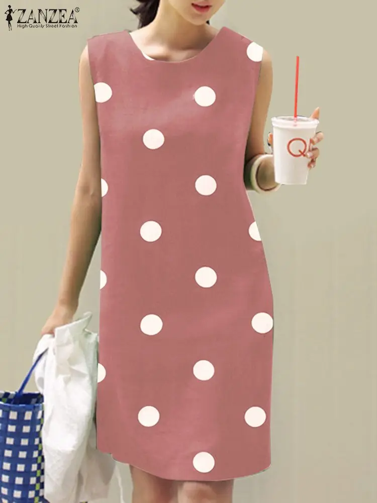 2024 ZANZEA Summer Polka Dots Dess Bohemain Beach Sundress Women Casual Sleeveless O Neck Vestidos Holiday Party Knee Length Robe