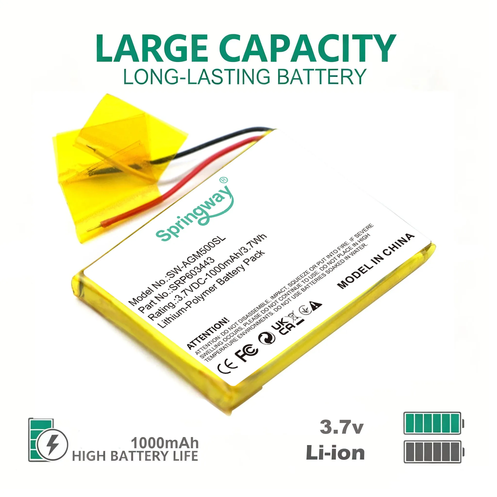 3.7V 1000mAh Li-Polymer Battery SRP603443 SW-AGM500SL Replacement Battery For Astro A50 44.8*33.4mm Lithium Polymer Pack