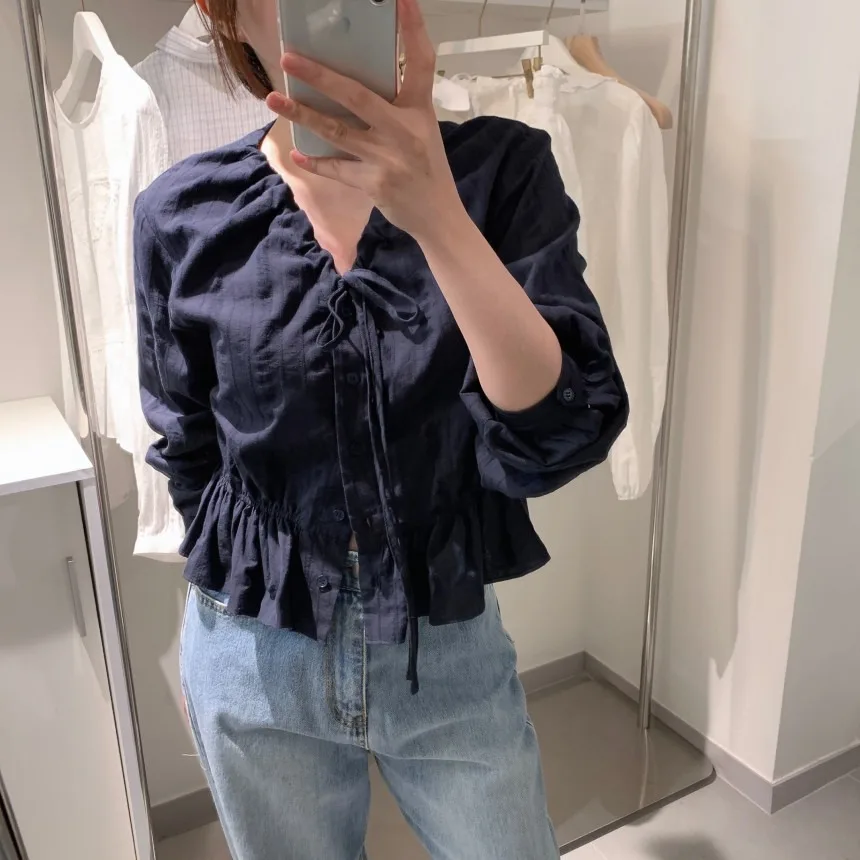 Csa de manga larga antienvejecimiento con cordón y cuello en V para mujer, estilo coreano, e, dulce, versátil, esti...