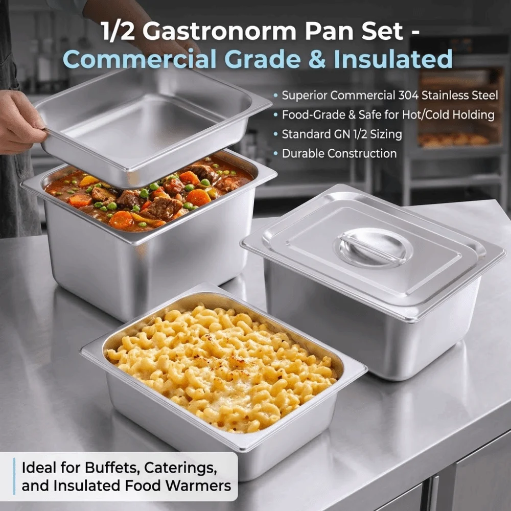 Stainless Steel Food Pan GN Pan with Lid Thickened Rectangular Tray Basin Square Basin 32.5 cm x 26.5 cm Food Storage Container