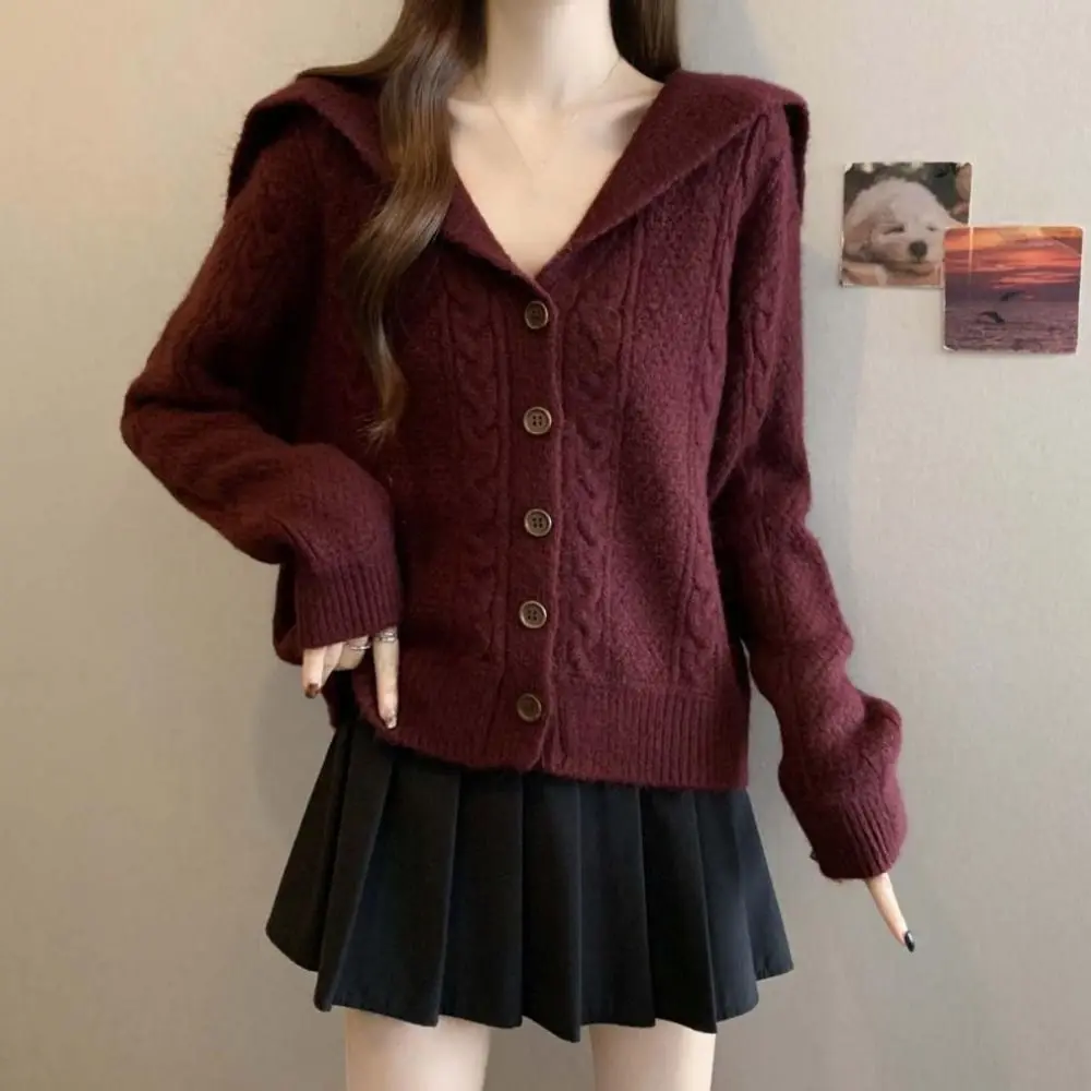 

Flip Collar Grid Crochet Sweater Long Sleeve Loose Fried Dough Twists Cardigan Preppy Style Autumn Spring Slim Crop Coats Girl