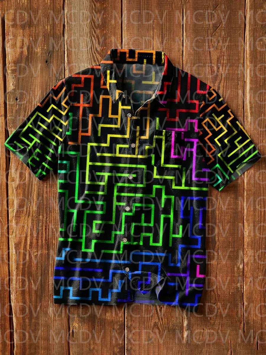 Retro Rainbow Maze Art Peacock Feathers plaid  Aloha Tie Dye Hippie Peace And Love Graphic Men's Vacation Beach Hawaiian Shirts