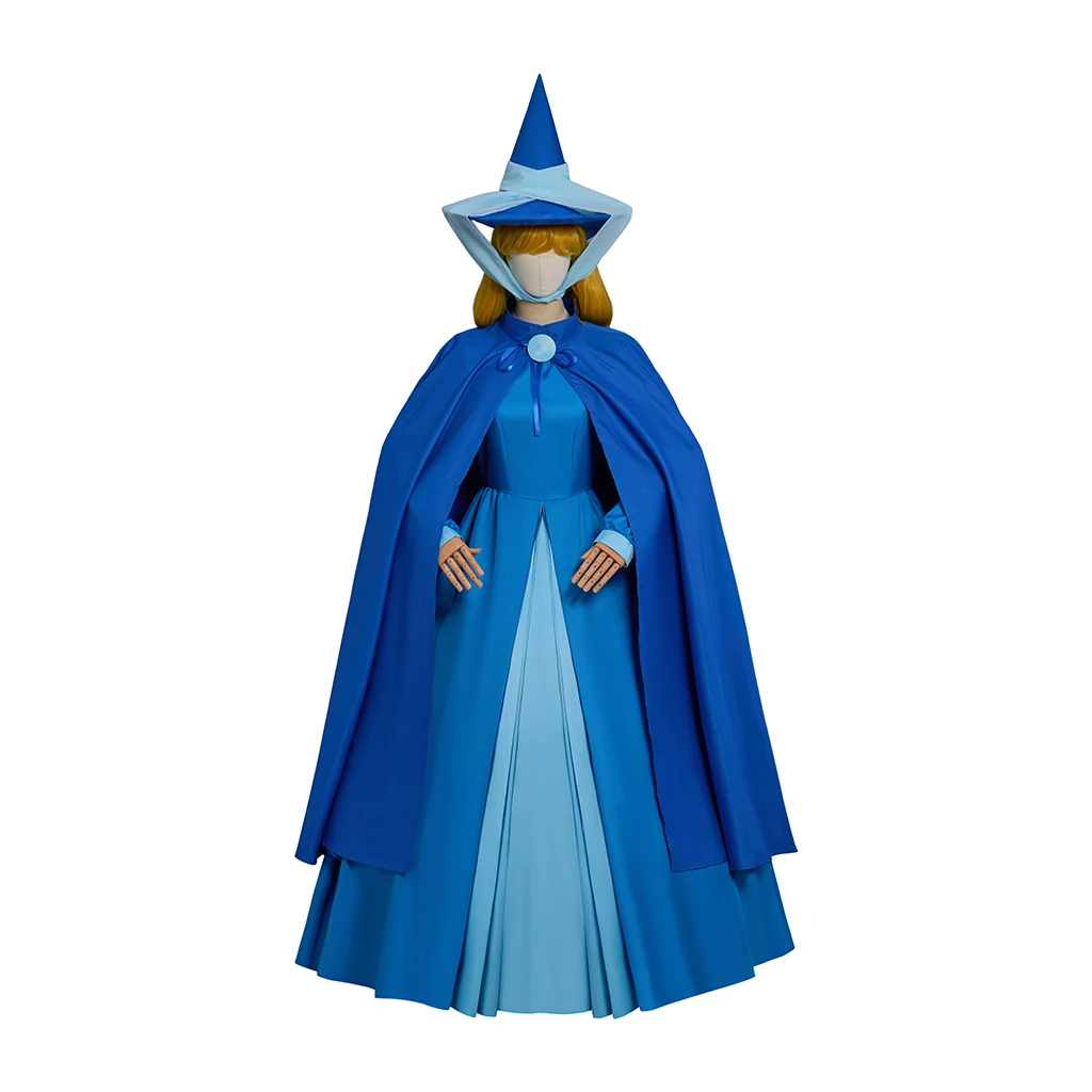 

Custom Made Fairy Mother Merry weather Cosplay Aunt Merry weather Blue Dress With Cape Hat Halloween Fancy Costume