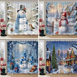 Christmas Snowman Shower Curtain Christmas Tree Christmas Gifts Festive Polyester Fabric Bath Curtains Bathroom Decor with Hooks