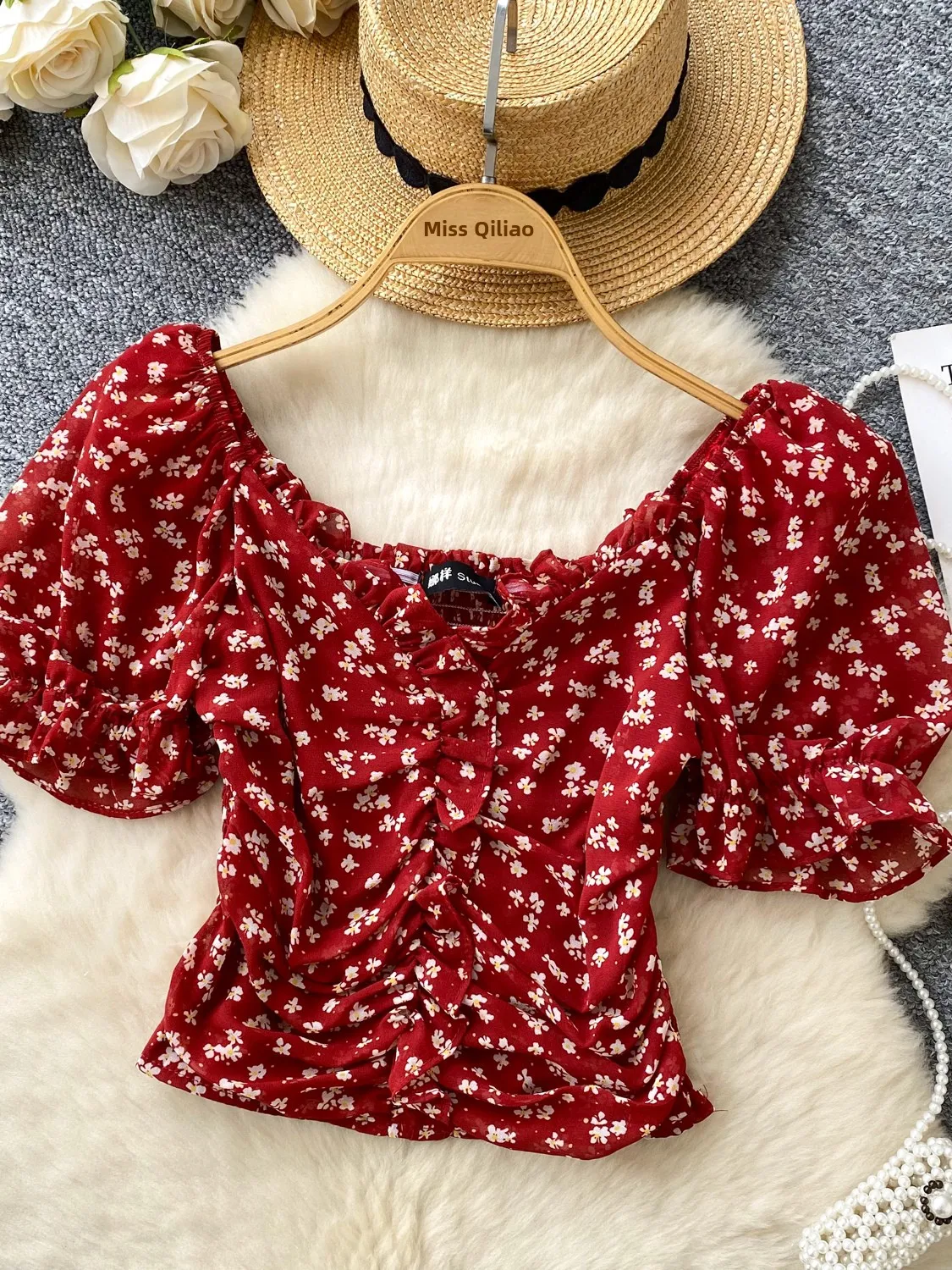 

Модная короткая блузка с цветочным принтом, женская летняя рубашка с рукавами-фонариками, приталенная, в корейском стиле, из дышащего полиэстера