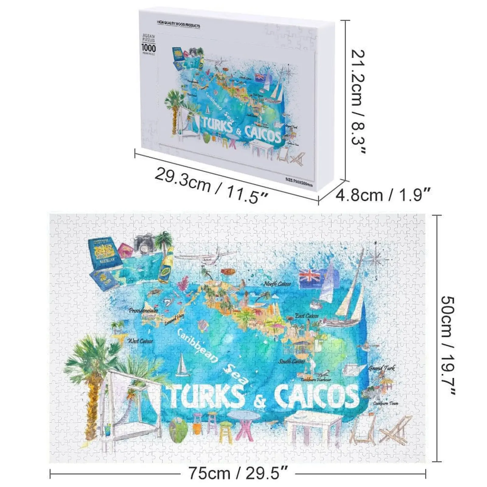 Turks & Caicos Antilles geïllustreerde reiskaart met wegen en hoogtepunten puzzelspel kinderen puzzel aangepaste puzzel