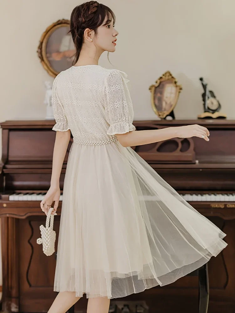 Vestido elegante de verano con cuentas, vestido de fiesta Vintage coreano 2025, vestido largo de lujo con gancho de retazos de malla blanca y flores para mujer