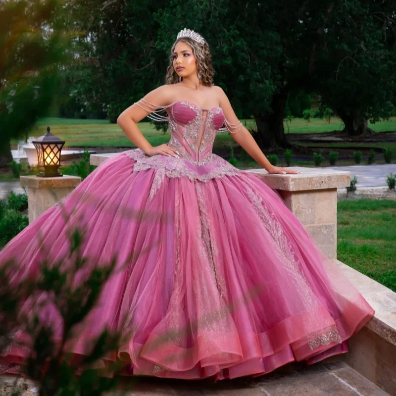 

Pink Quinceanera Dress off-shoulder Silvery Sequins Crystal Beading Decal Long tail vestidos de 15 Quinceanera ﻿Customize