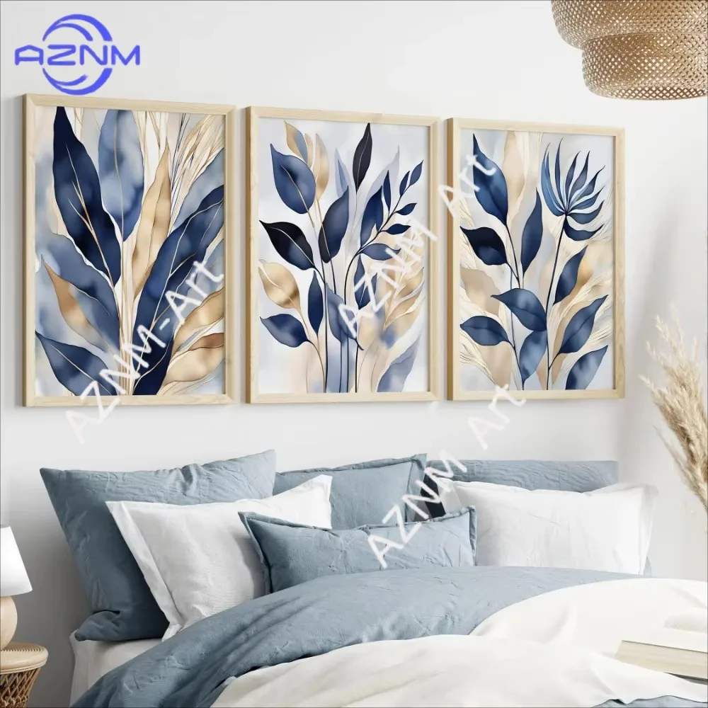1/3 Stück Retro Blaues Abstraktes Druckbares Modernes Blätter-Kunstposter Leinwandgemälde Wanddruck Bild für Wohnzimmer Heim-Dekoration