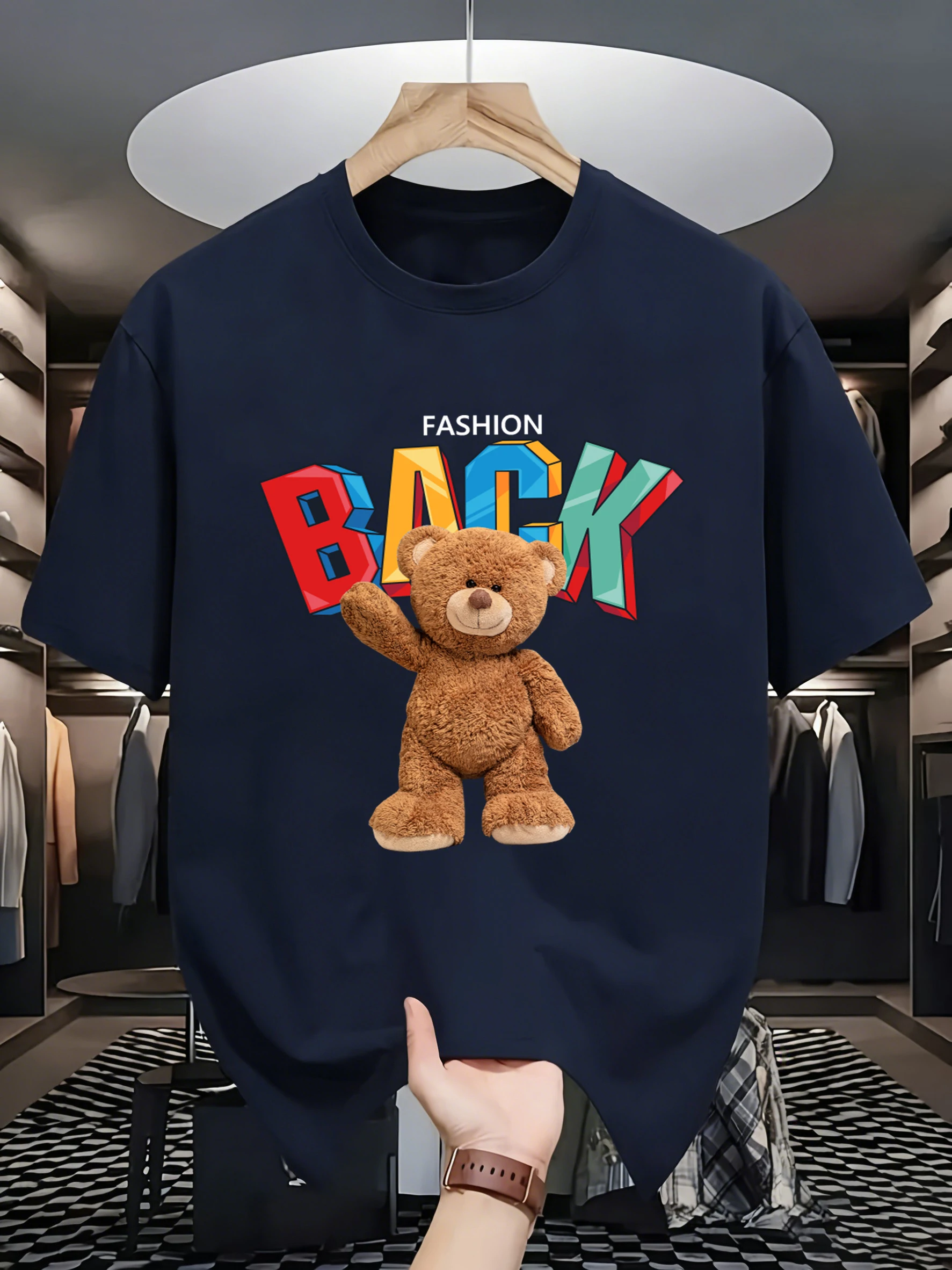 Cartoon-Bär Mode Rückenbedrucktes Herren-Komfort-T-Shirt Sommer Baumwoll-T-Shirt Weiches Übergroßes Streetwear Casual Hip-Hop-Kleidungsstück