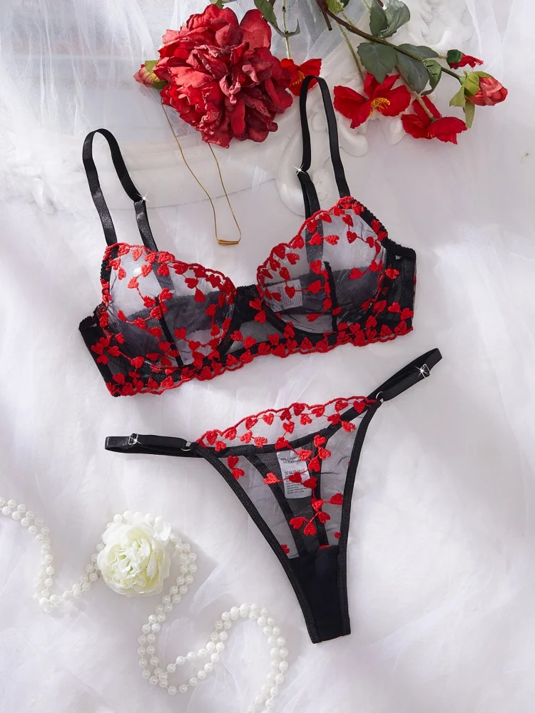 Sexy Lingerie Female Heart Embroidery Lingerie Set See Through Mesh Underwear Valentine's Day Romantic Intimate Fantasy Bra Set