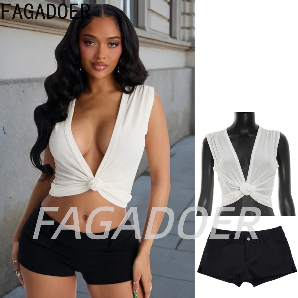 

FAGADOER Fashion Ruched Top 2 Pcs Sets Sexy Knotted Deep V Crop Top + Stretchy Bodycon Shorts Outfits Hot Girl Streetwear Suits