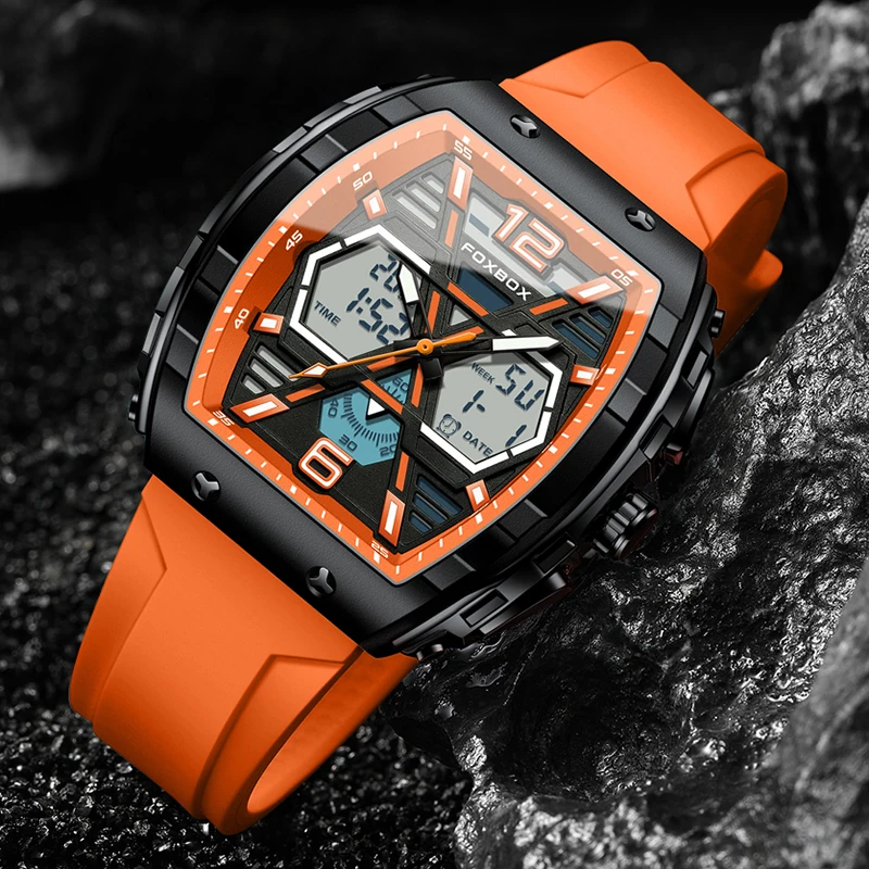 FOXBOX Creative Square Orange Silicone Watch For Men Fashion LED Backlight Chronograph Waterproof Men's Watches Reloj Hombre+BOX