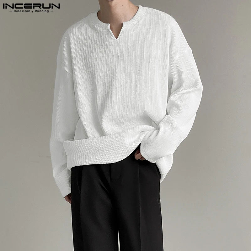 INCERUN الرجال تي شيرت بلون الخامس الرقبة طويلة الأكمام ربيع الخريف الذكور المحملة القمم الشارع الشهير فضفاض الكورية نمط ملابس الرجال غير رسمية