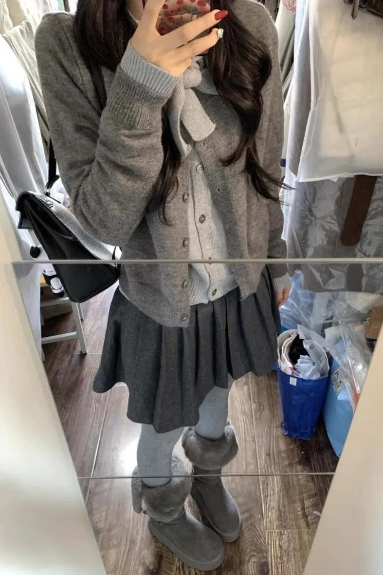 

2025 New Miu Aesthetic Grey Knit Cardigan for Women Fall Winter Vintage Style Elegant Fake Two Piece Sweater with Bow Design
