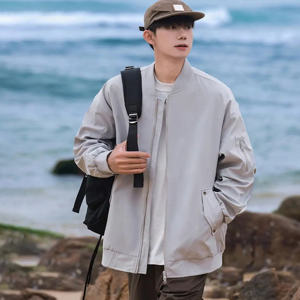 Men Baseball Jacket Zipper Lightweight Solid Color Two Side Pockets Outdoor Casual Coat Spring And Autumn Tops for Daily Wear