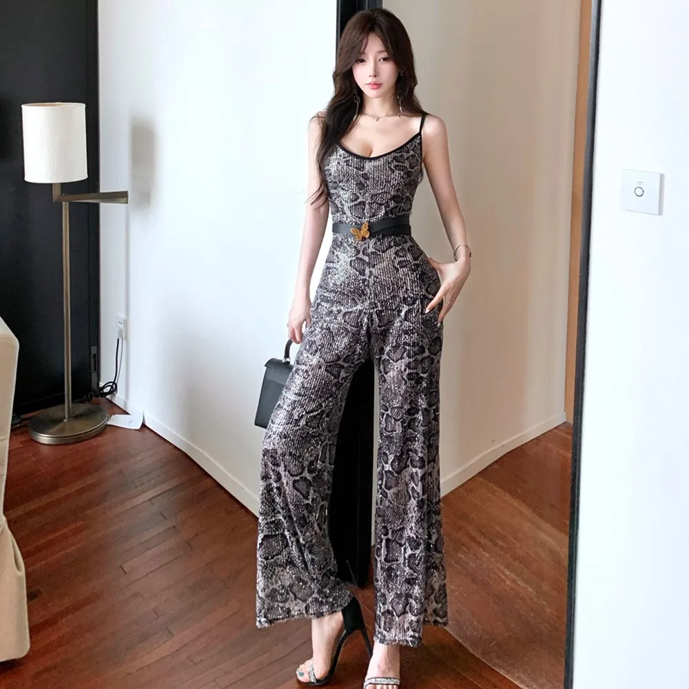 iny Sequin Slimming V-Ne ter One-Piece Summer New Design High Waist Wide Leg One-Piece Suit Polyester Fiber Long Pants