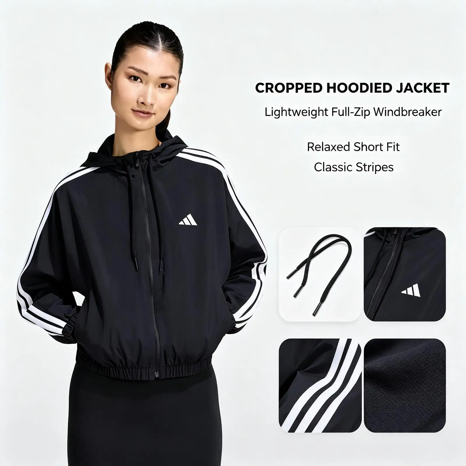 Adidas W 3S WV WB KF8430  Lightweight Full-Zip Short Jacket with White Striped Sleeves Casual Sporty Streetwear Outerwear