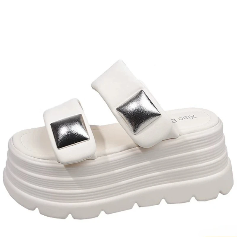 

Summer 2026 Chunky Sandals Women's Thick Bottom Wedge Heels Slides 8CM High Heels Platform Leather Casual Beach Flip Flops Woman