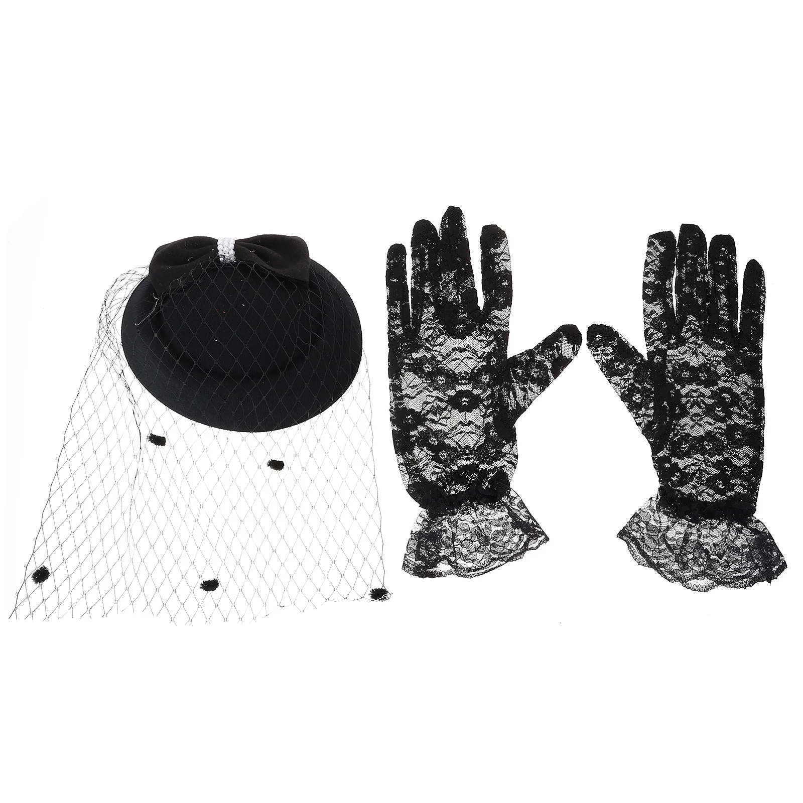 1 セットメッシュヘア装飾レトロシルクハットレース手袋エレガントなパーティーベール帽子宴会衣装ダンスパーティー頭飾り