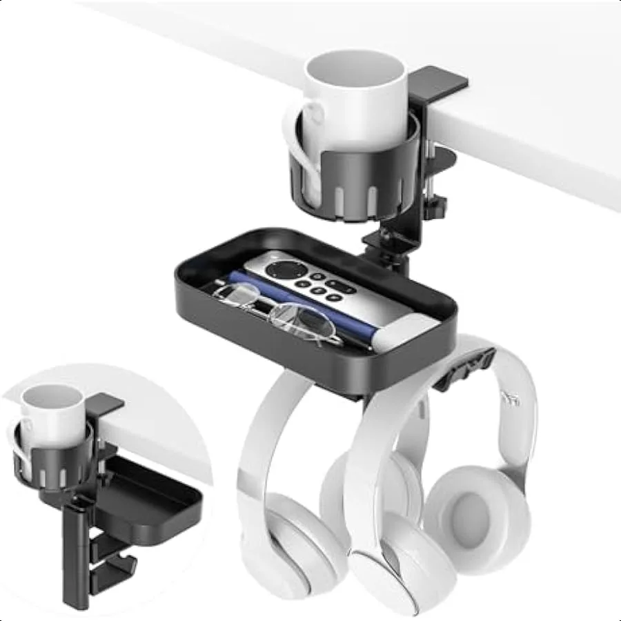 

Desk Cup Holder with 2 Headphone Hook Rotating Pencil Holder and Detachable Drawer Tray Clamp on Under Desk Headphone Holder Hi