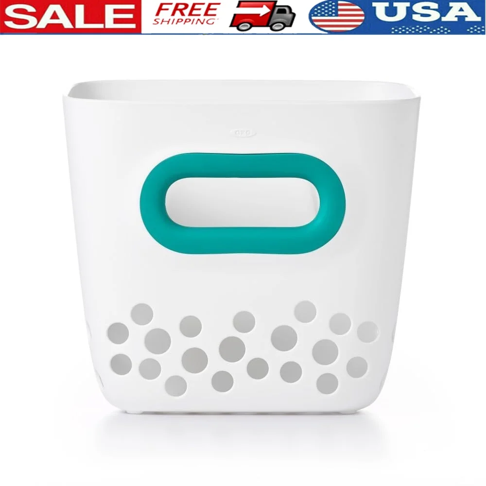 

Bath Toy Storage Bin with Ventilation Holes Quick Drying Easy Scoop Handle Wall Mountable Small Bathrooms