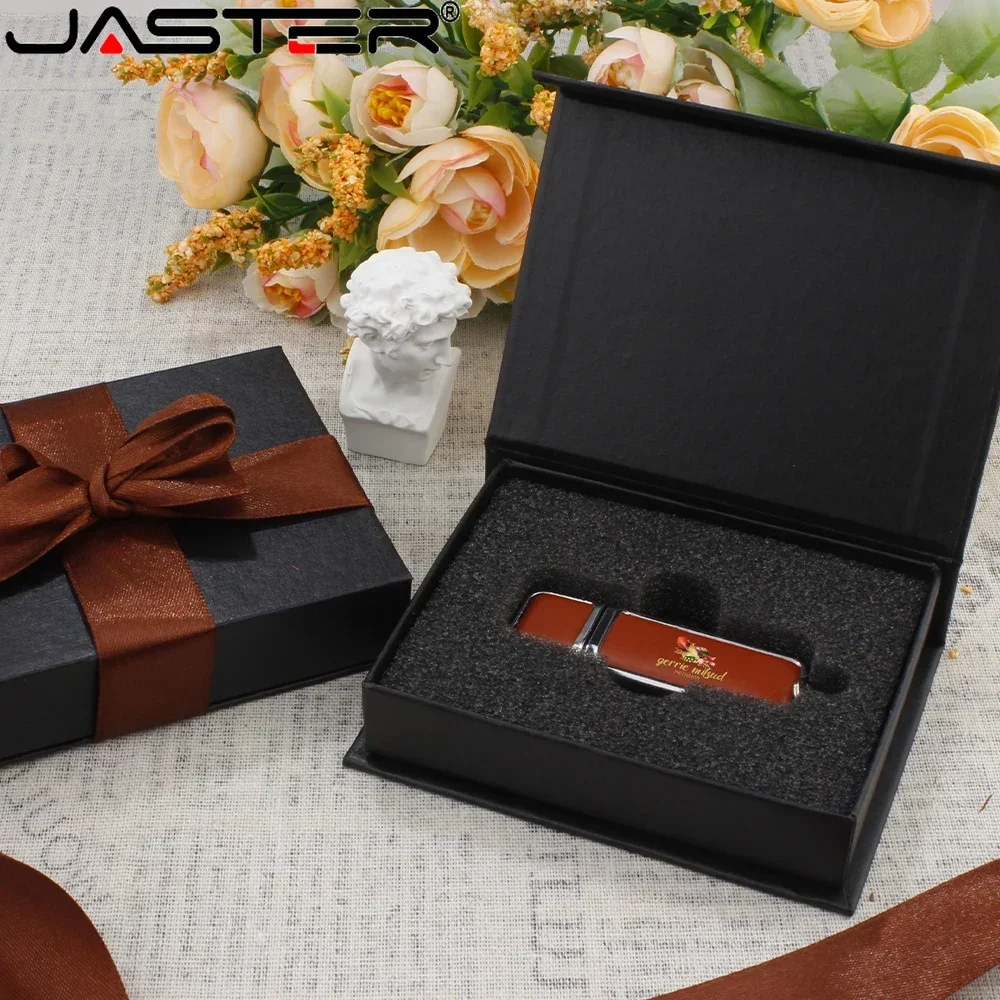 JASTER Free Color Printing Leather USB 2.0 Flash Drive 128GB Pen Drive 64GB with Free Paper Box Creative Business Gift 32GB 16GB