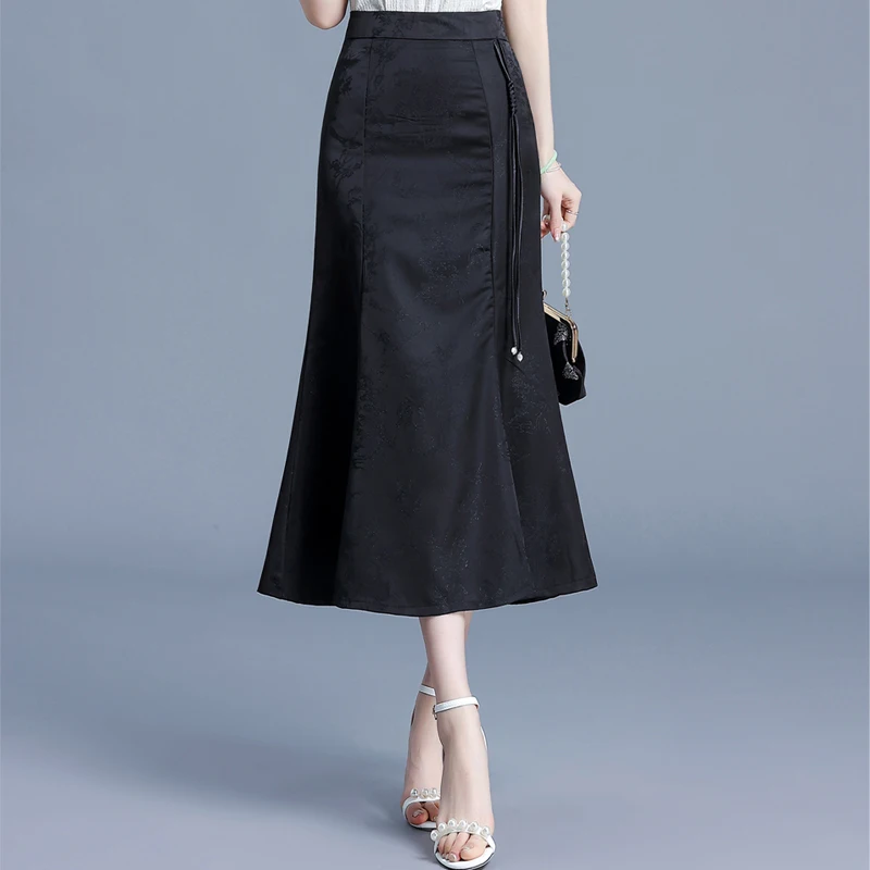 

Юбка миди с высокой талией, цветочной вышивкой, облегающая, с эффектом «рыбий хвост», в китайском стиле, весна-лето, новинка