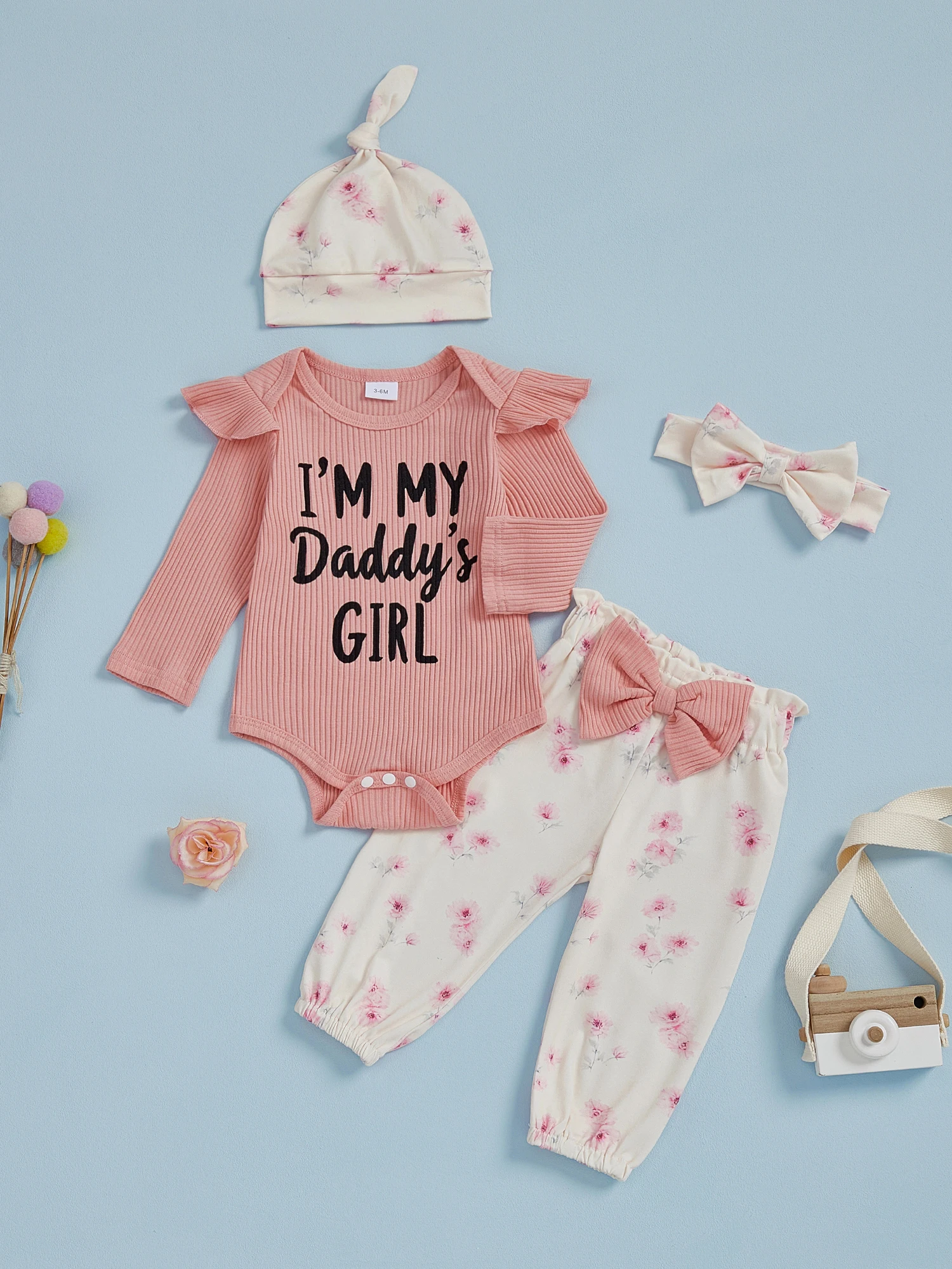 طفل الفتيات 4 قطع السراويل مجموعات طويلة الأكمام س الرقبة إلكتروني طباعة رومبير الأزهار السراويل عقال قبعة مجموعات #1