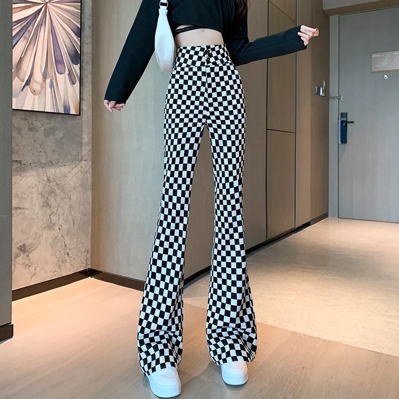 Retro Plaid Vrouwen Rechte Pijpen Casual Drapey Afslanken Hoge Taille Micro Uitlopende Broek Koreaanse Sle Pendelen Wind Lange Broek