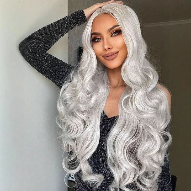 امرأة كبيرة موجة الشعر الطويل الكرة مساء اللباس أزياء مباراة طويلة مجعد الشعر سيدة اللباس اليومي حتى أغطية الرأس مركز افترق الانفجارات شعر مستعار