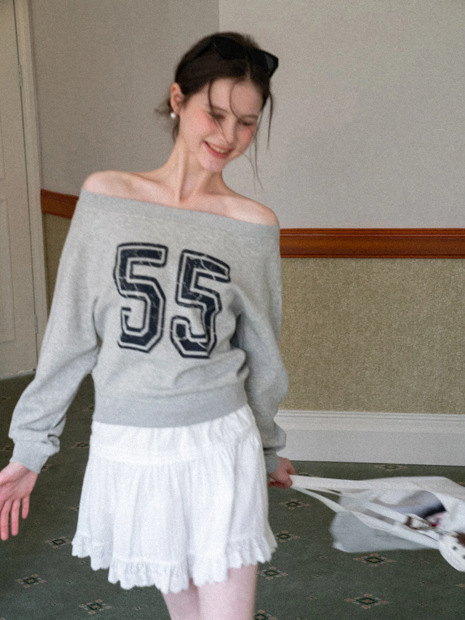 

Grey Casual Off-Shoulder Print Sweatshirt Women's Spring Slimming Versatile Design Top EGGKA Brand Cotton Polyester Blend