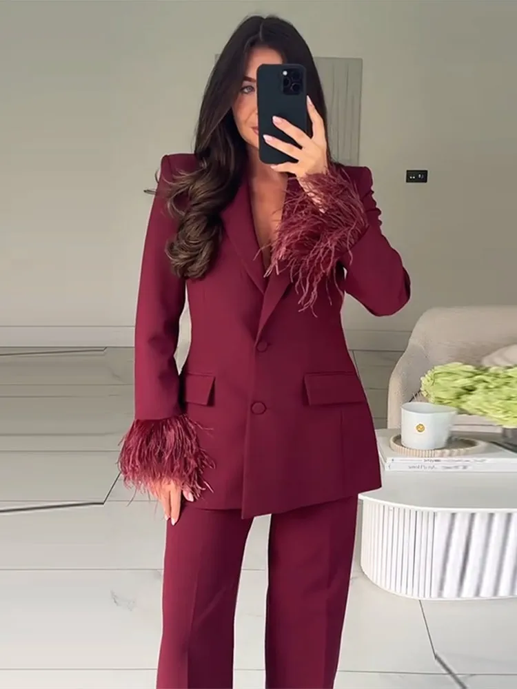 أزياء الصلبة مطوي السراويل الطويلة مجموعات للنساء كم كامل الخامس الرقبة بلوزة واحدة الصدر واسعة الساق السراويل سيدة 2 قطع مجموعات #2