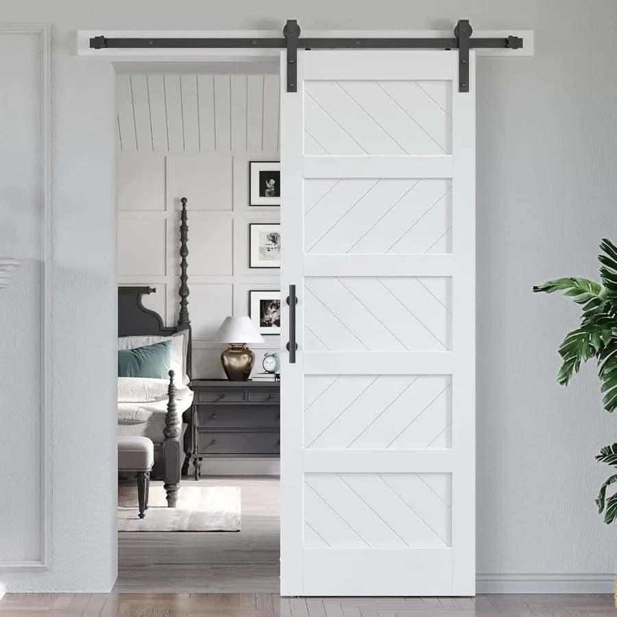 30in x 84in White Barn Door with 5.5 FT Sliding Door Hardware Track Kit Included,Solid MDF Wood Slab Covered with Water-Proof