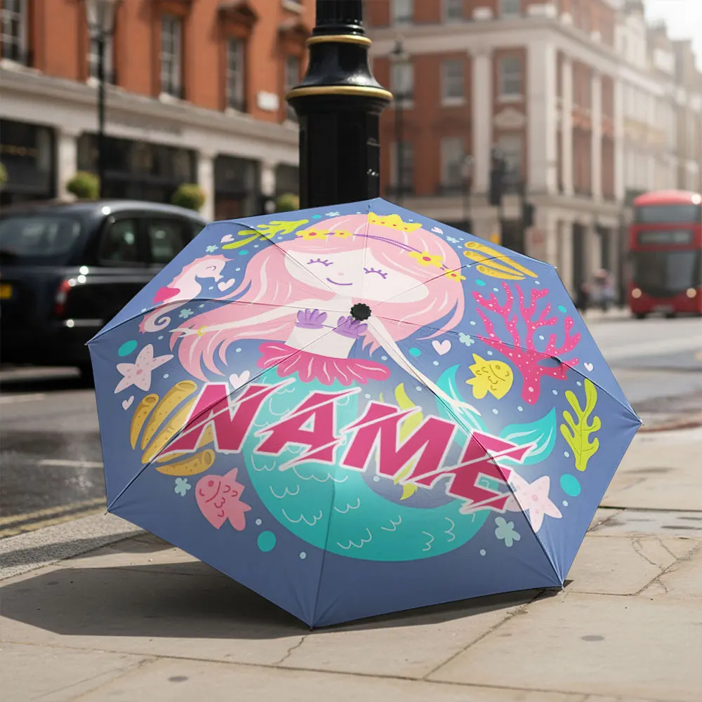 Custom Name umbrella, Cute Mermaid with Crown and Sea Creatures Print Fashion Folding Umbrella for Sunny and Rainy Days, Gift