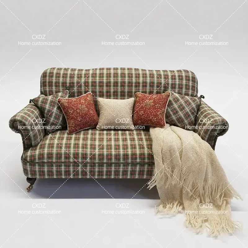 Vintage Plaid Tiger Print High Back Armchair Casual Latex Cushion Single Sofa for Country Living Room Bedroom Medieval Style