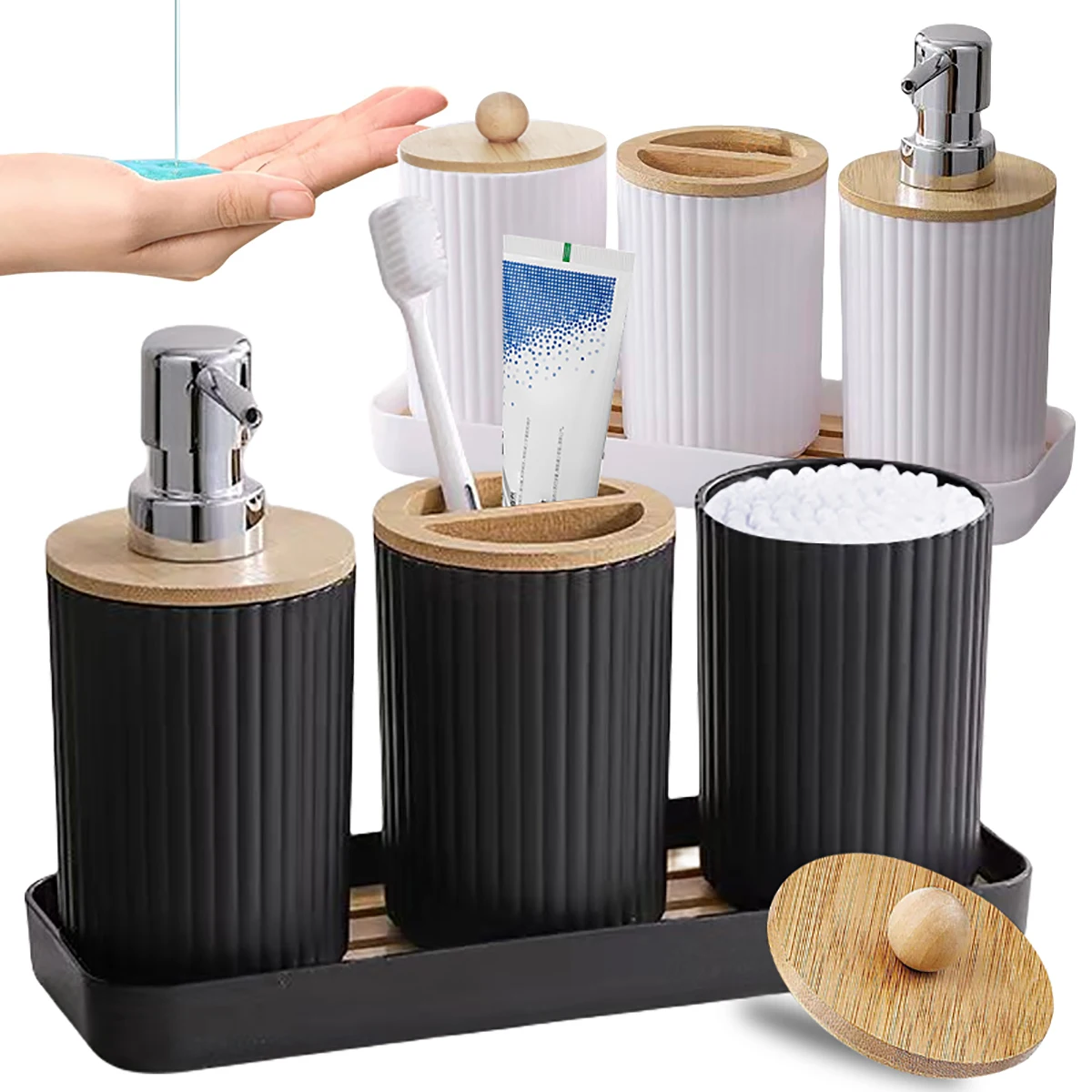 Bathroom Accessories Set Vanity Counter Soap Dispenser Toothbrush Cotton Swab Holder and Tray Set Bathroom Decor Apothecary Jars
