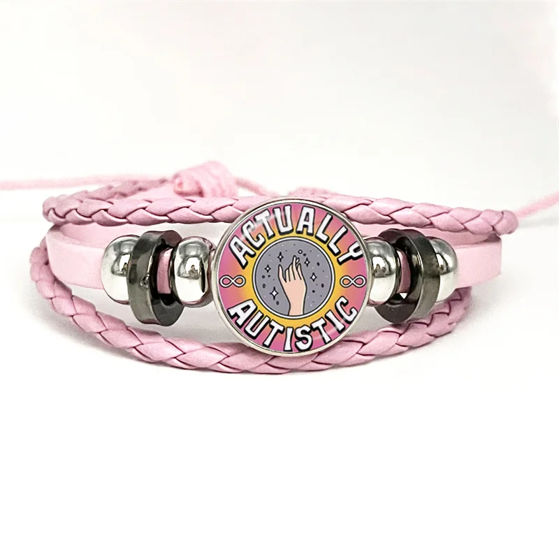 Novelty Interesting Actually Autistic Pink Leather Bracelet Glass Cabochon Button Multilayer Bangles Wristband Gift